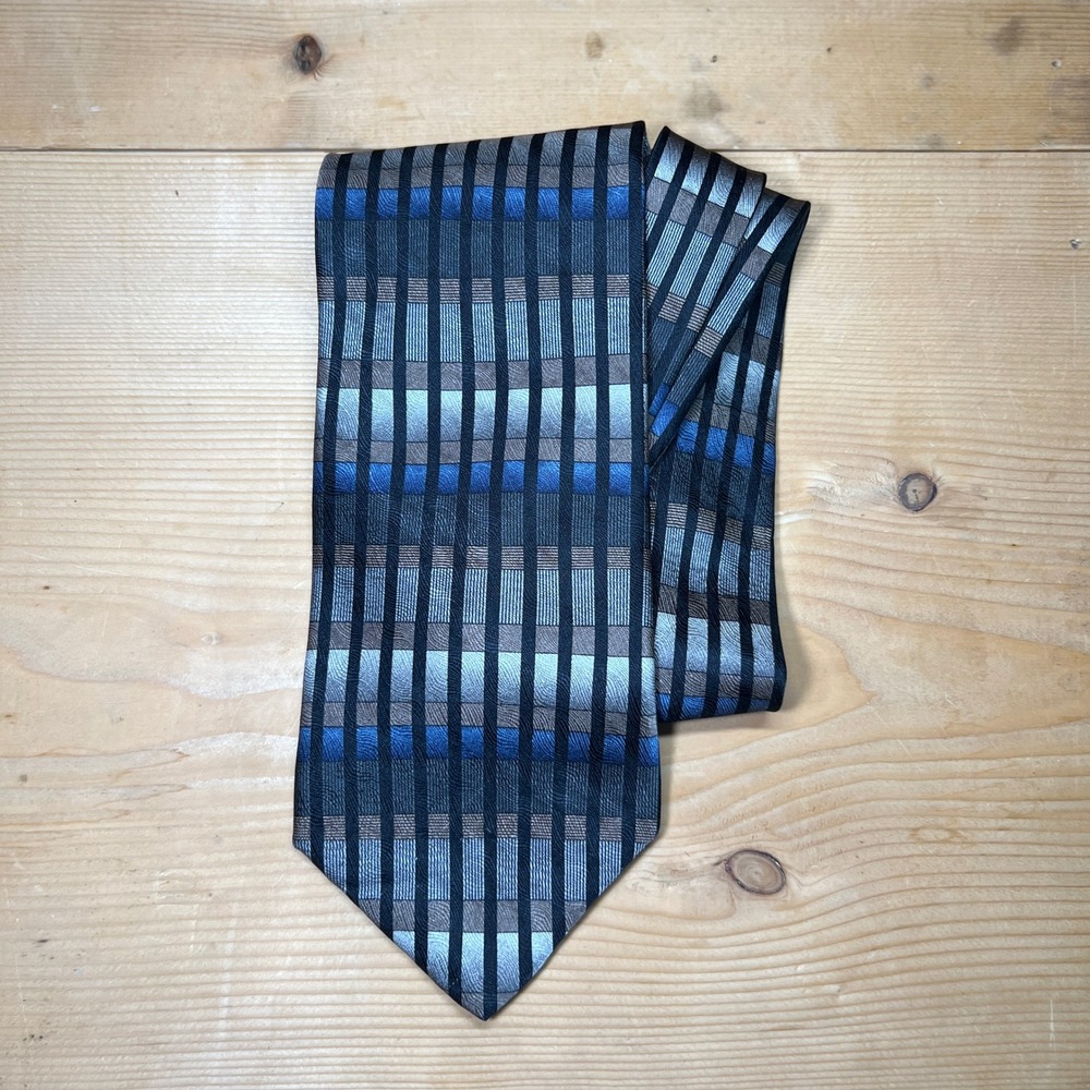 VTG Cambridge Classics Mens 4" Tie Blue Grey Geometric Block Silk Wide Blade USA